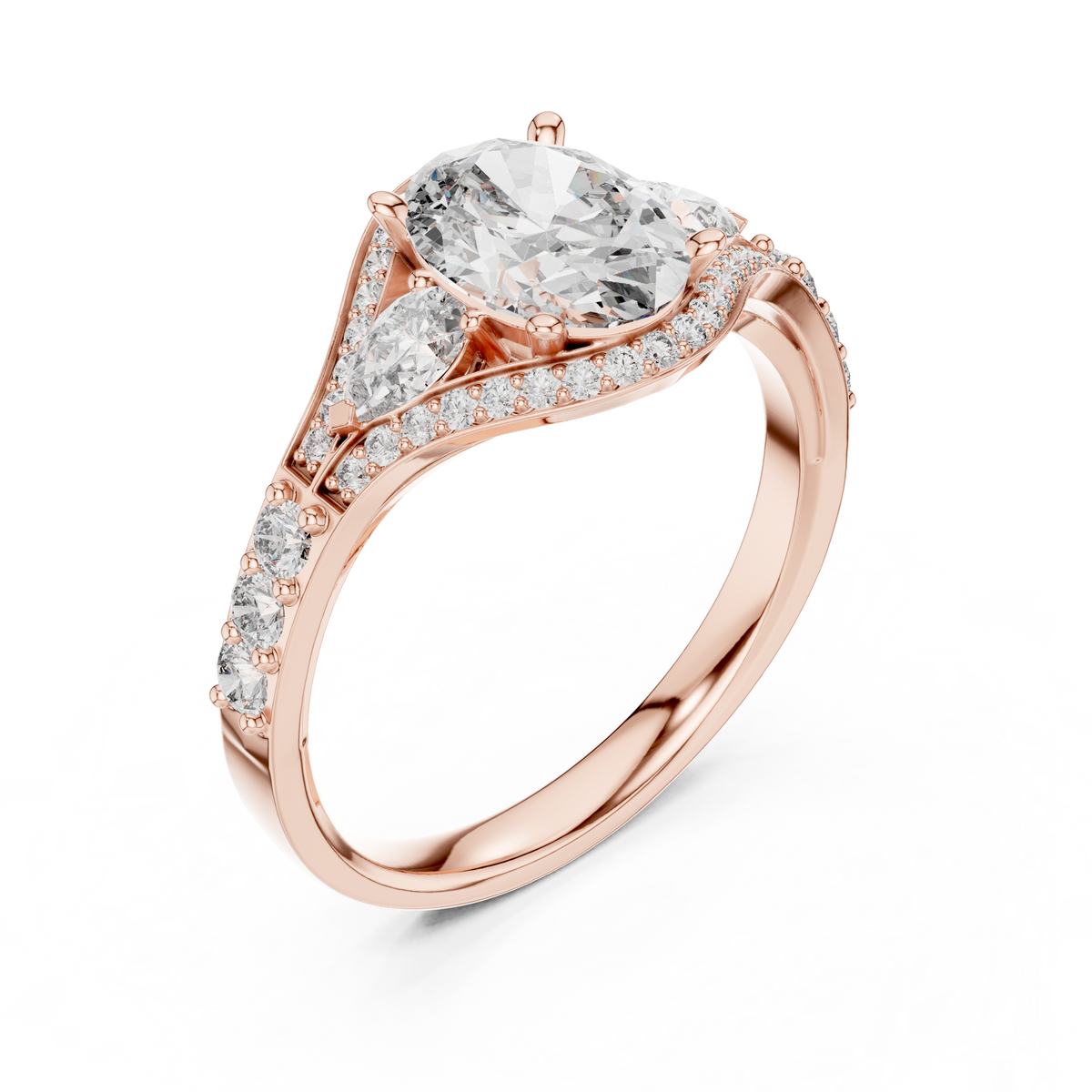 Oval Cut Lab Diamond Three Stone Split Shank Ring - View 3