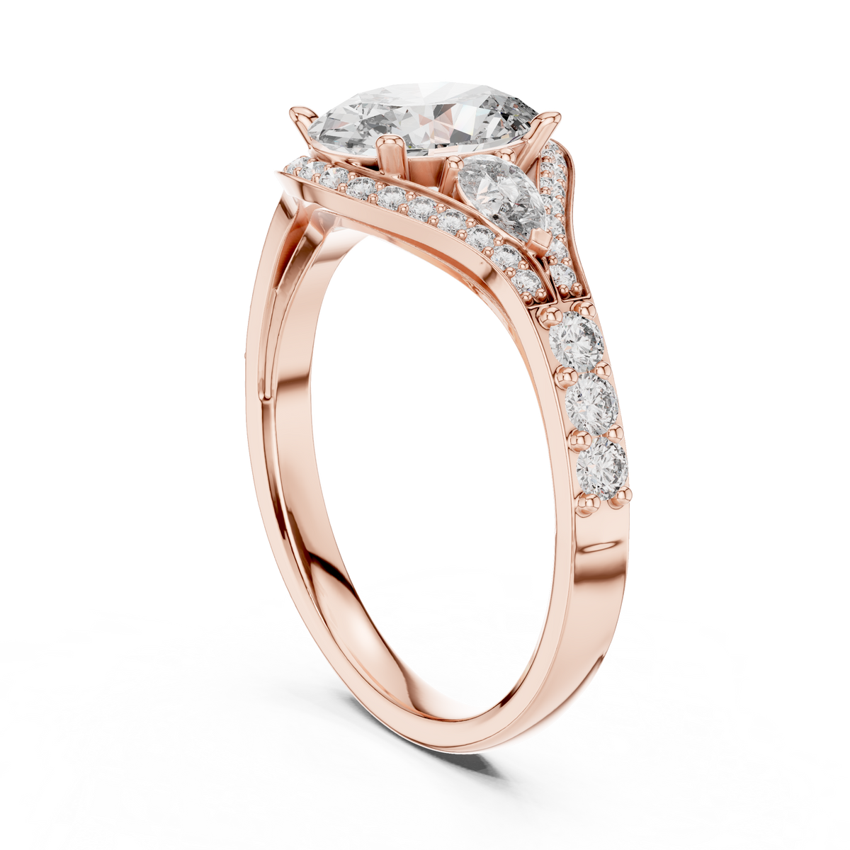 oval cut moissanite diamond three stone split shank ring - view 2