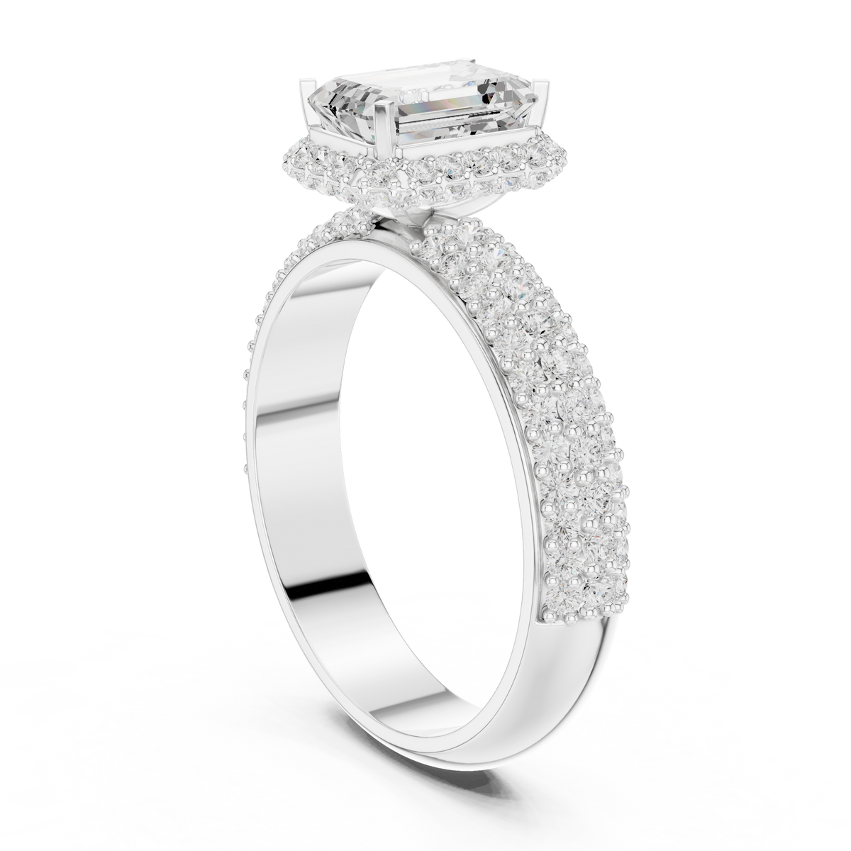 emerald cut hidden halo moissanite diamond ring with wide pave band - view 5