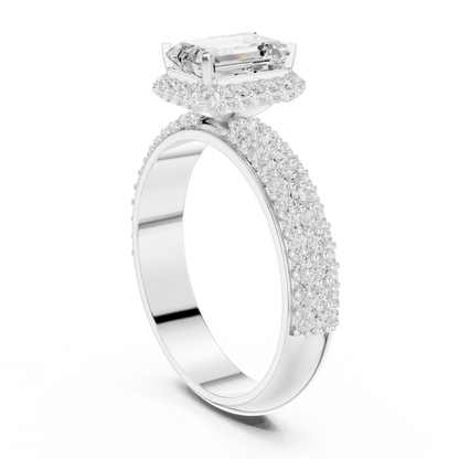 Emerald Cut Hidden Halo Moissanite Diamond Ring with Wide Pave Band - View 5
