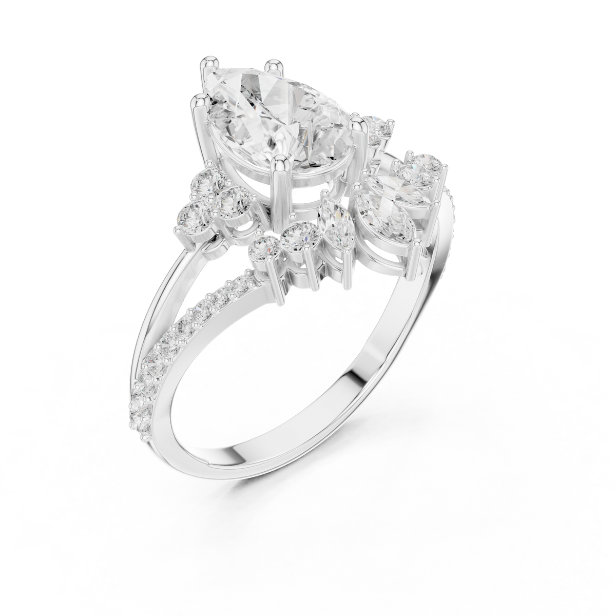 Crown Cluster Split Shank Pear Cut Lab Diamond Wedding Ring - View 6