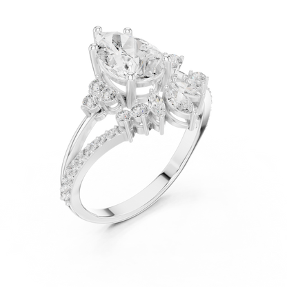 Crown Cluster Split Shank Pear Cut Lab Diamond Wedding Ring - View 6