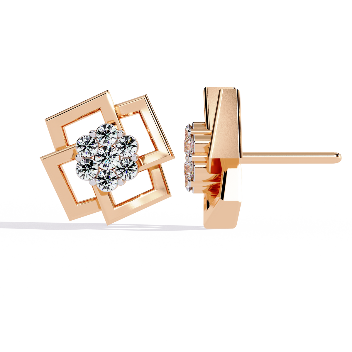 geometric square motif round lab diamond earrings with brilliant center cluster design - view 5