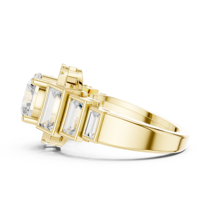 Round Halo Lab Diamond Ring with Tapered Baguette Side Stones - View 7