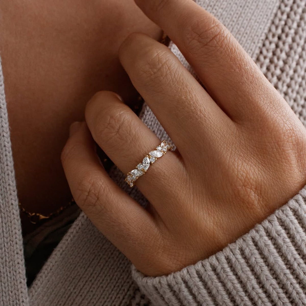 Marquise and Round Moissanite Diamond Half Eternity Band - View 4