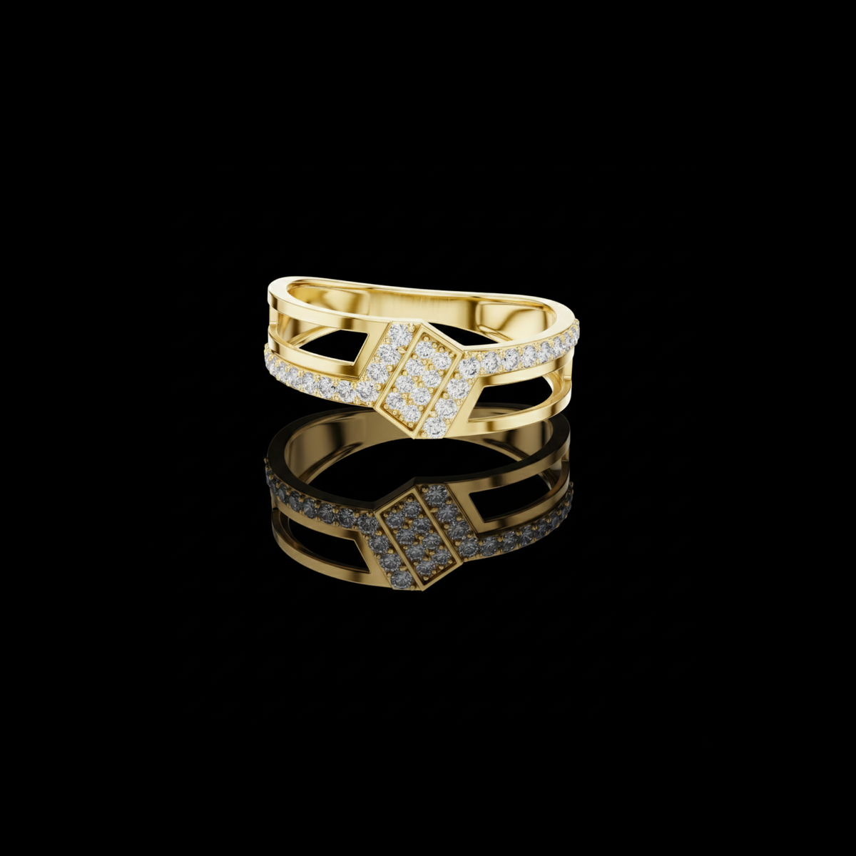 round lab diamond openwork statement ring geometric pave band