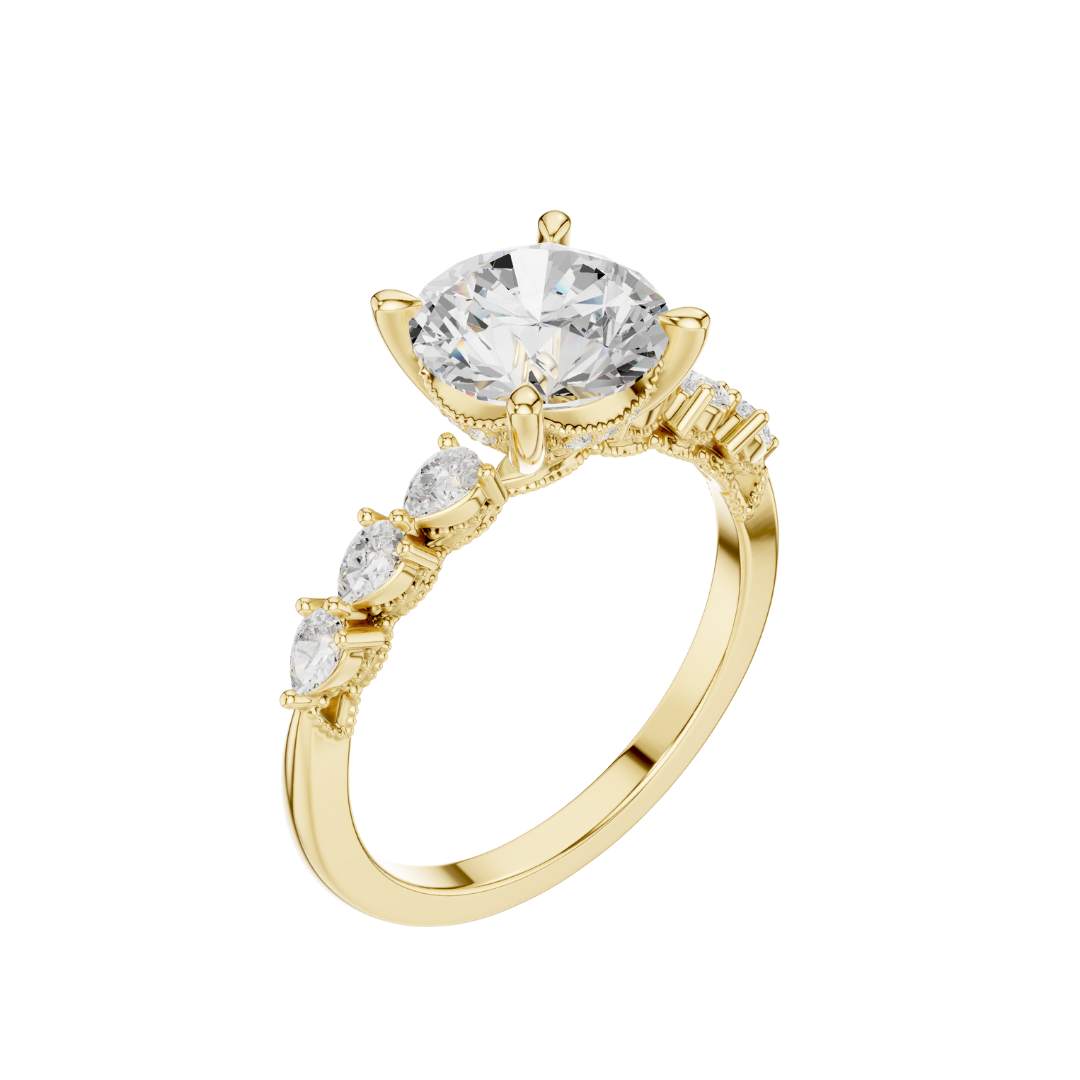 Round Cut Brilliant Moissanite Diamond Ring With Pear Accents Band - View 4