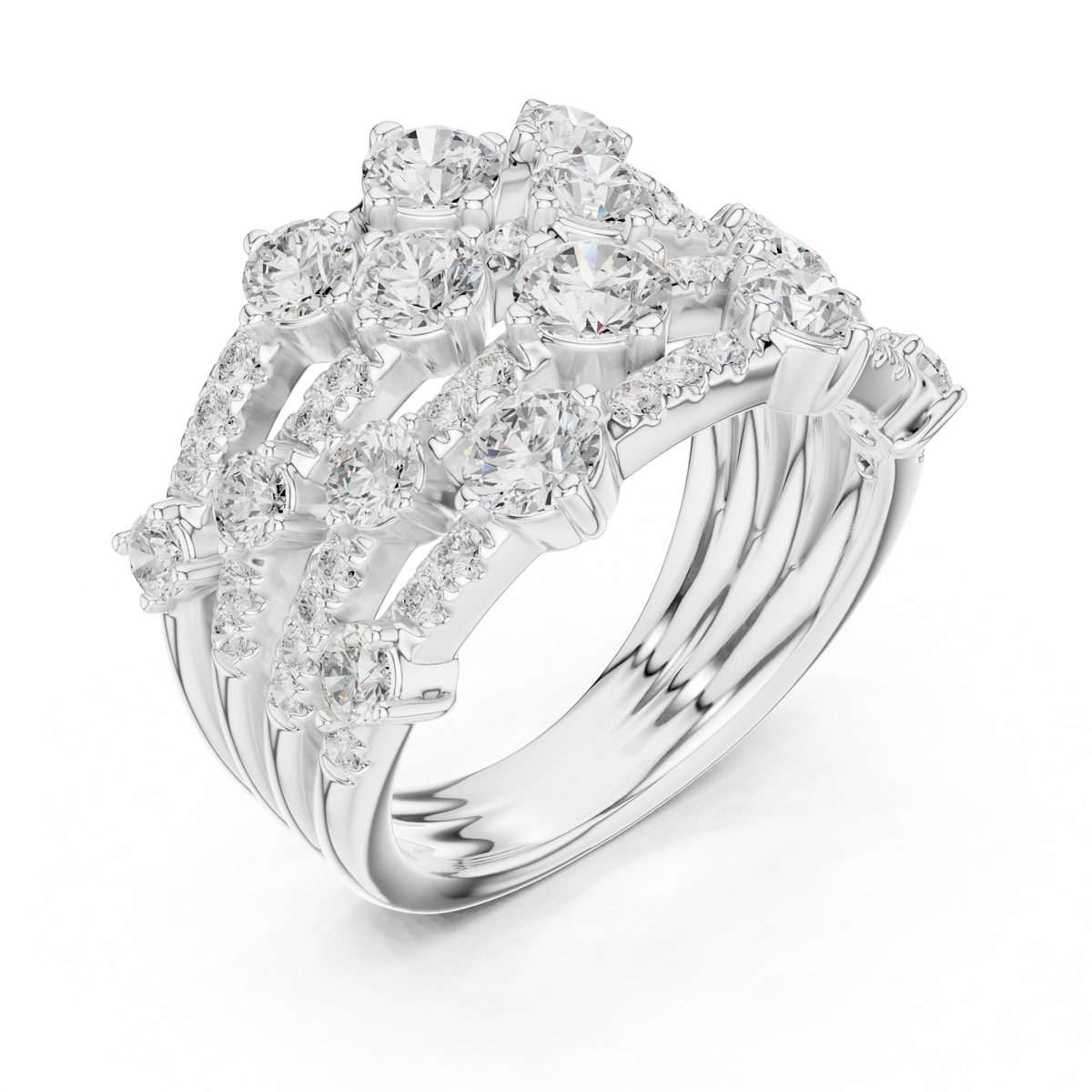 Round Cut Moissanite Diamond Multi Row Cluster Statement Ring - View 5