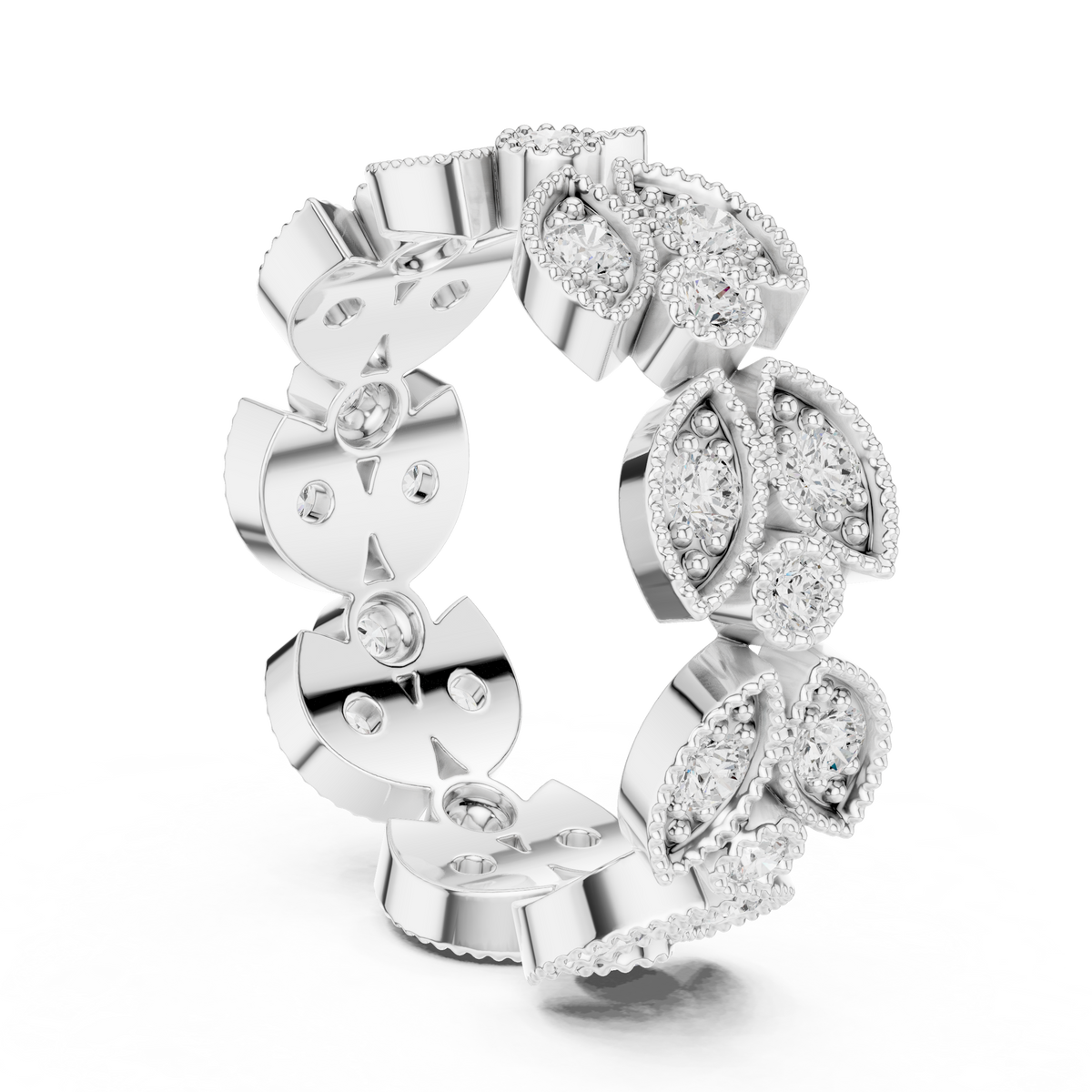 Vintage Floral Marquise & Round Moissanite Diamond Eternity Band Ring - View 12