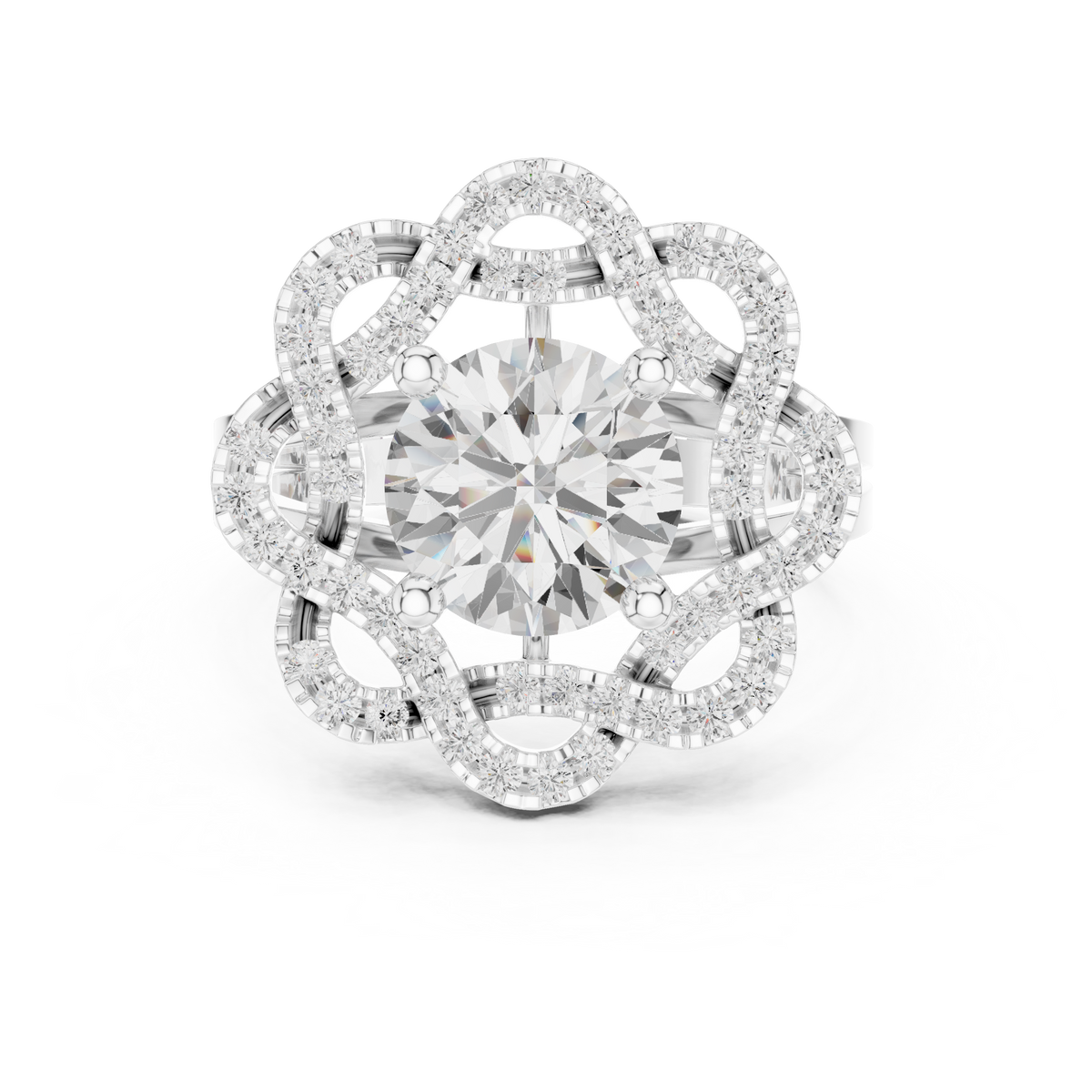 floral round cut moissanite diamond statement wedding ring for her - view 3