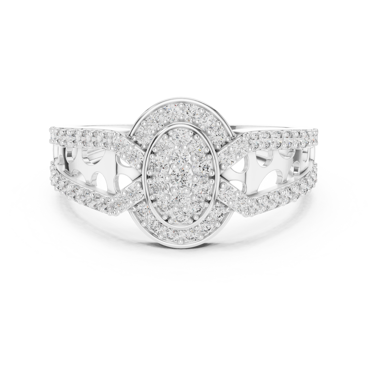 Round Cut Moissanite Diamond Cluster Split Shank Ring - View 3