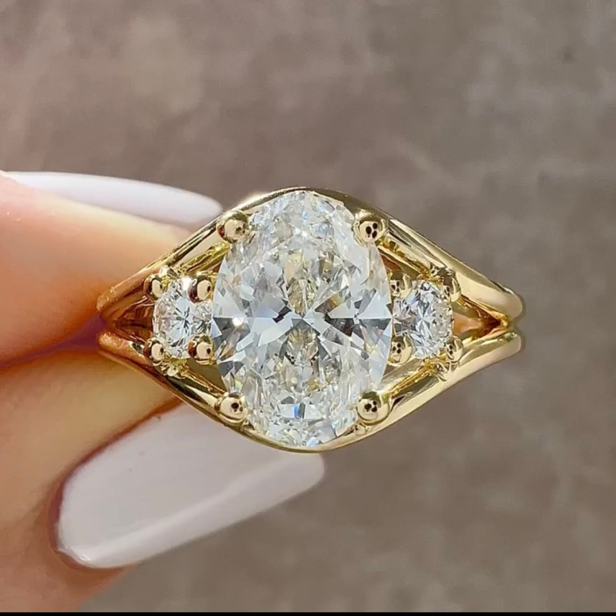 Oval Lab Diamond Split Shank Three Stone Engagement Ring - View 2