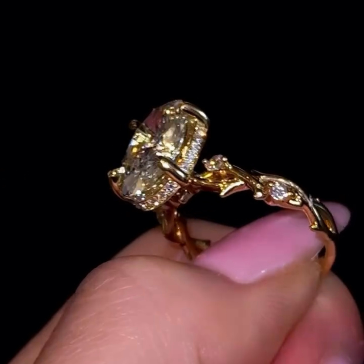 oval cut lab diamond leaf engagement ring - view 3