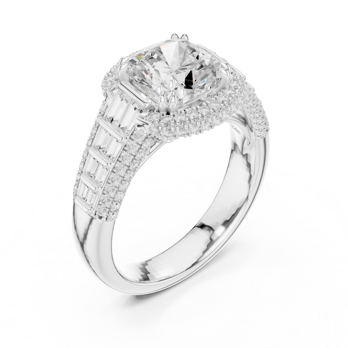Split Shank Round Halo Cushion Cut Moissanite Diamond Wedding Ring - View 4