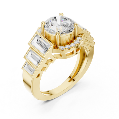 Round Halo Lab Diamond Ring with Tapered Baguette Side Stones - View 4