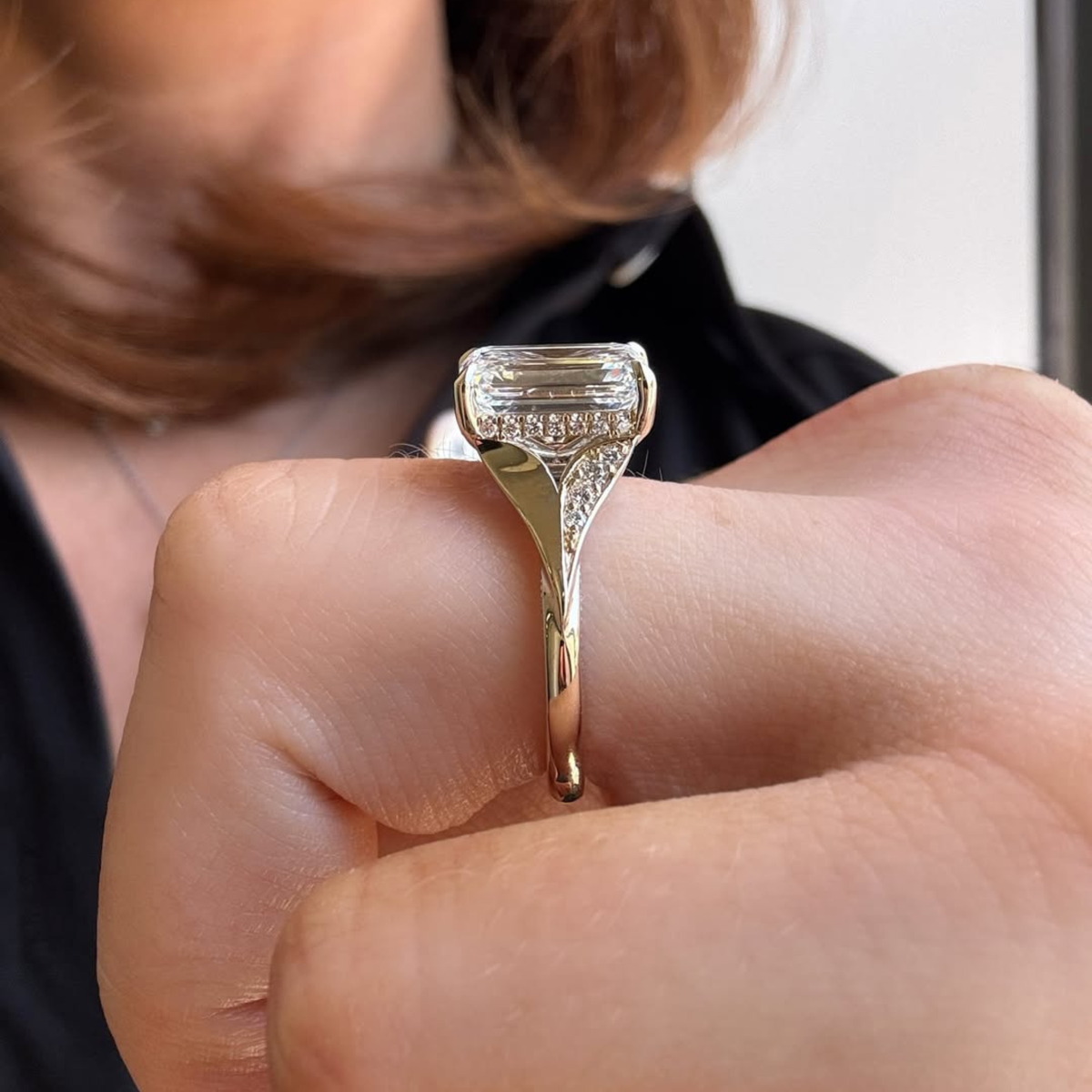 Split Shank With Emerald Lab Diamond Engagement Ring - View 3
