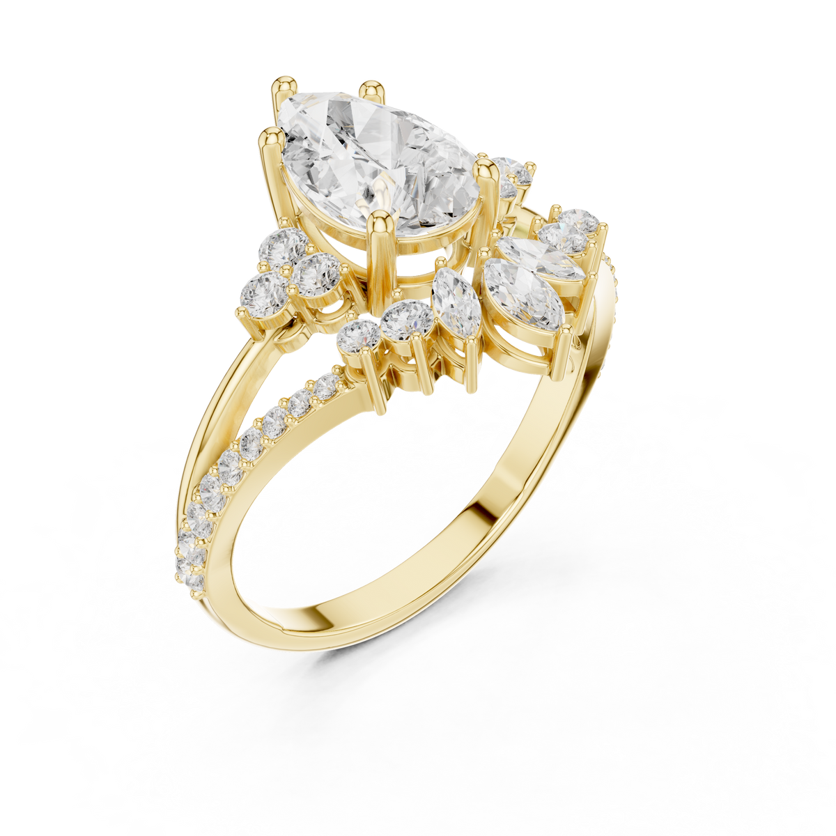 Crown Cluster Split Shank Pear Cut Lab Diamond Wedding Ring - View 4