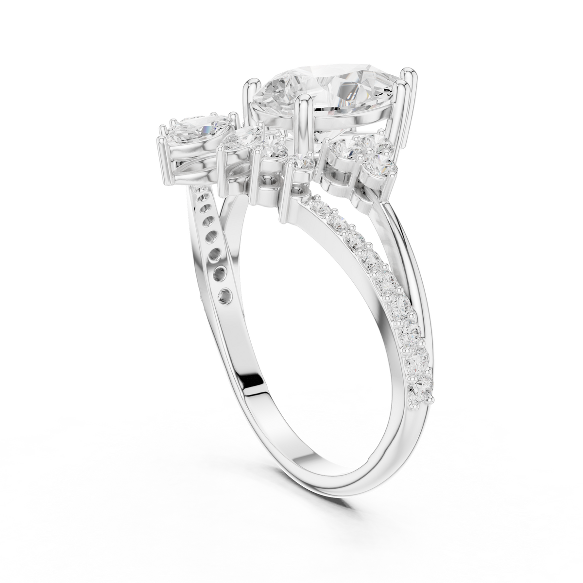 Crown Cluster Split Shank Pear Cut Lab Diamond Wedding Ring - View 9