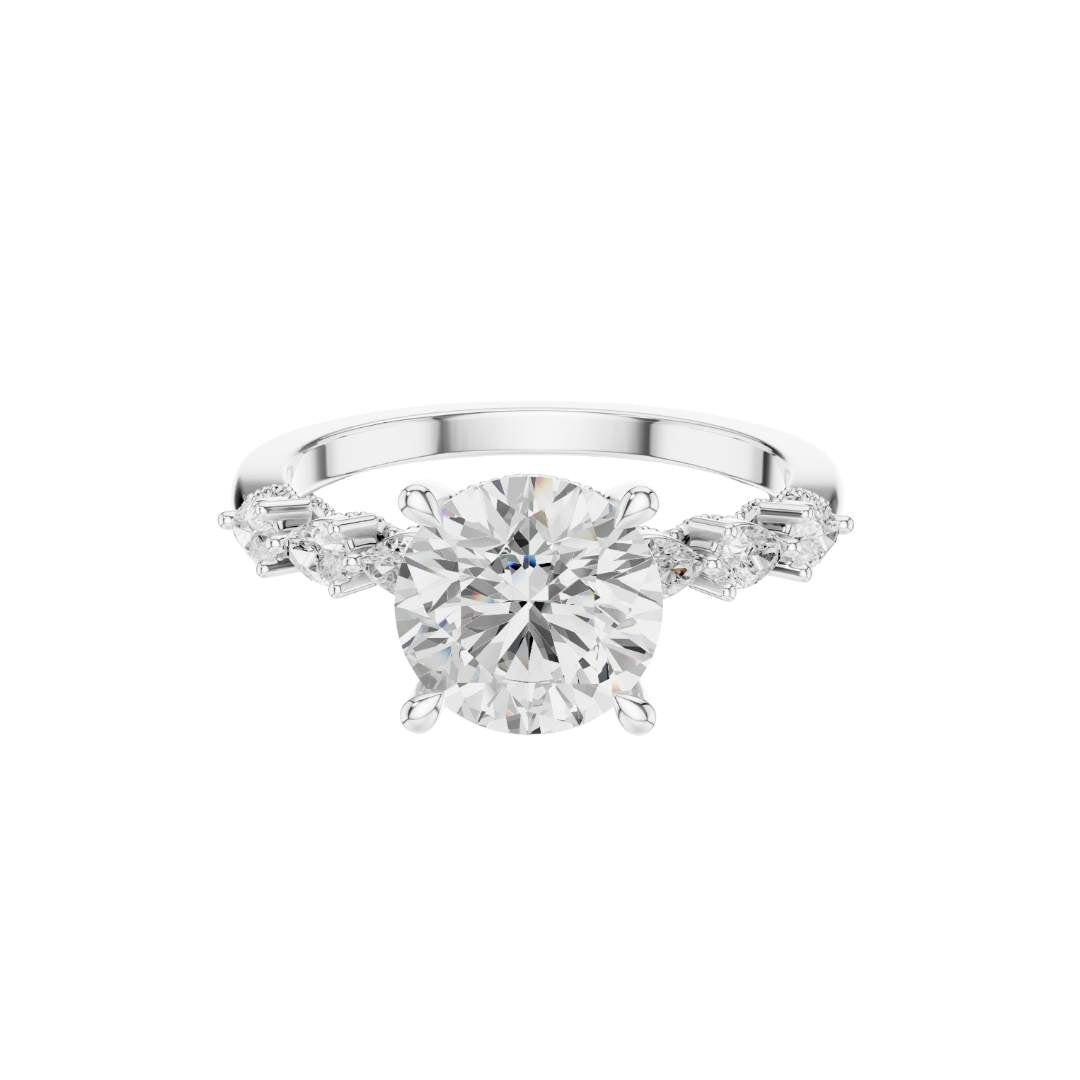 round cut brilliant moissanite diamond ring with pear accents band - view 3