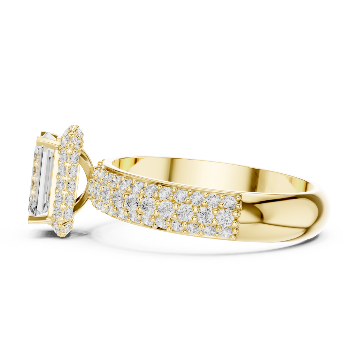 Emerald Cut Hidden Halo Moissanite Diamond Ring with Wide Pave Band - View 10
