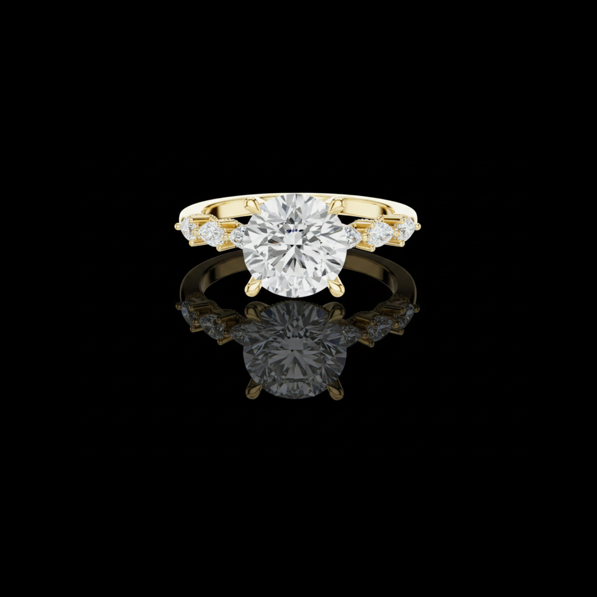 round cut brilliant moissanite diamond ring with pear accents band