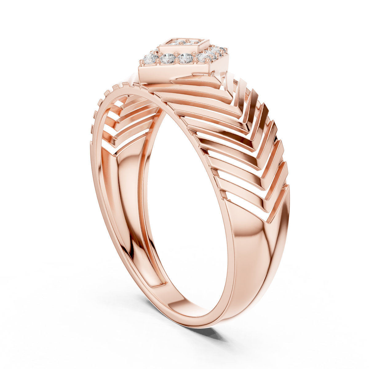 Round Moissanite Diamond Pavé Chevron Statement Ring - View 8
