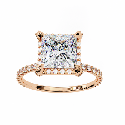 Princess Cut Halo Moissanite Diamond Ring with Pave Diamond Band - View 10