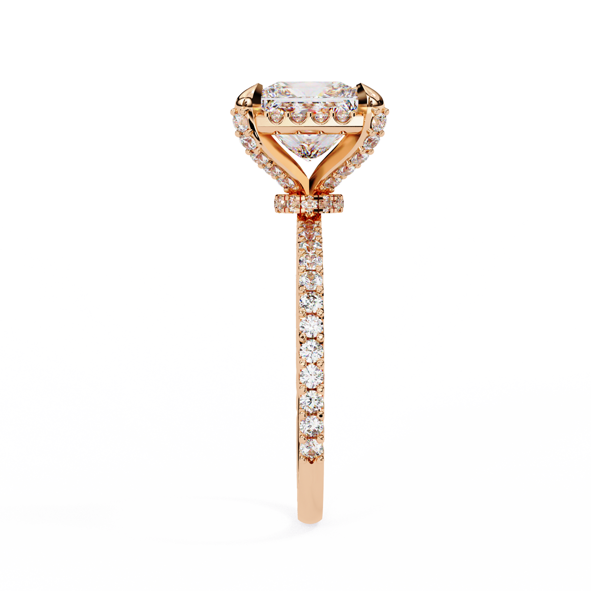Princess Cut Halo Moissanite Diamond Ring with Pave Diamond Band - View 4