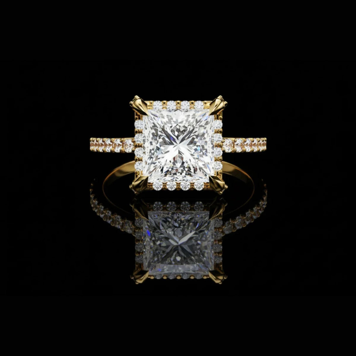 Princess Cut Halo Moissanite Diamond Ring with Pave Diamond Band