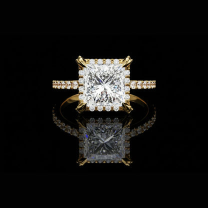 Princess Cut Halo Moissanite Diamond Ring with Pave Diamond Band