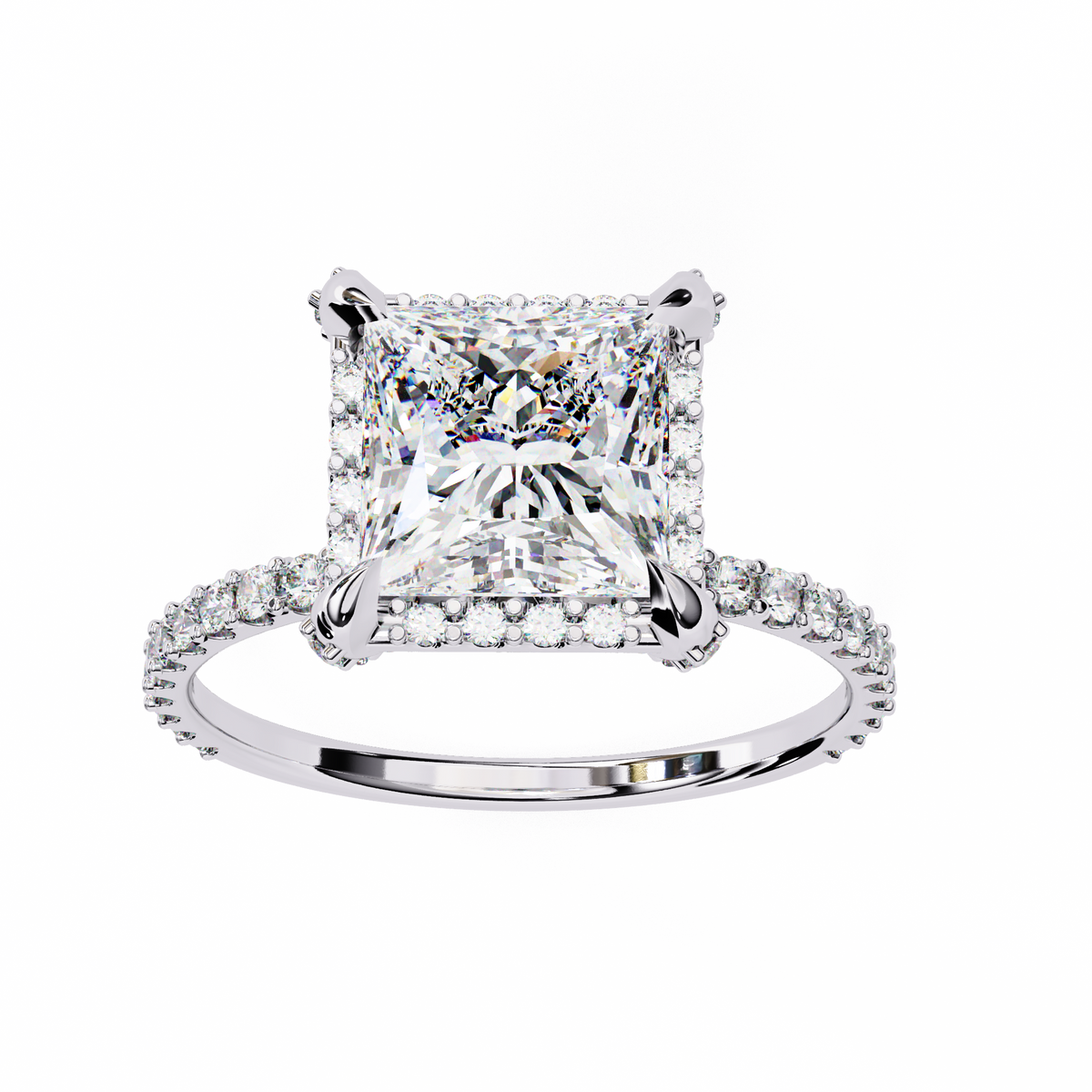 princess cut halo moissanite diamond ring with pave diamond band - view 9