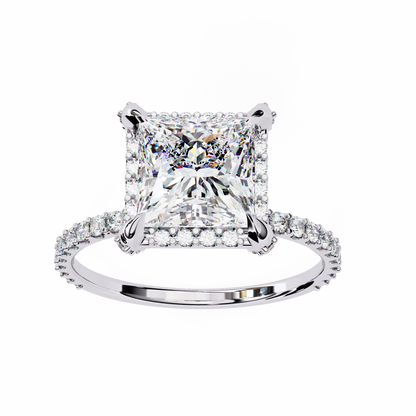 Princess Cut Halo Moissanite Diamond Ring with Pave Diamond Band - View 9