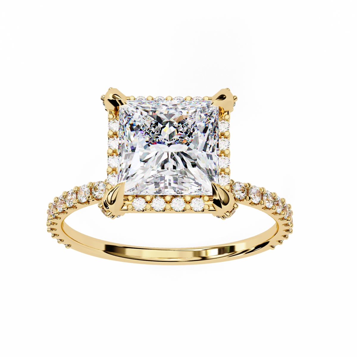 princess cut halo moissanite diamond ring with pave diamond band - view 8