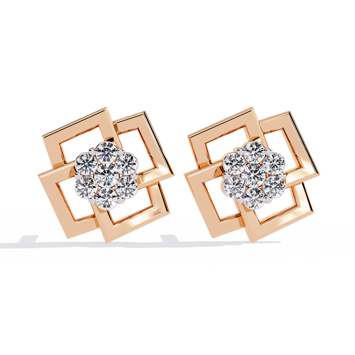 geometric square motif round lab diamond earrings with brilliant center cluster design - view 2