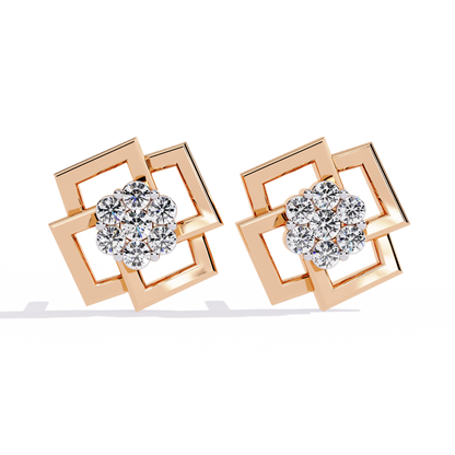 Geometric Square Motif Round Lab Diamond Earrings with Brilliant Center Cluster Design - View 2