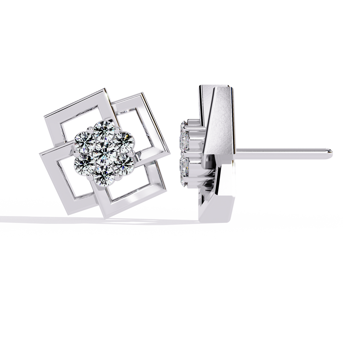geometric square motif round lab diamond earrings with brilliant center cluster design - view 6