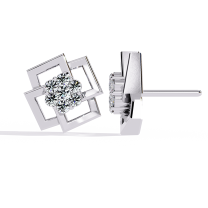 Geometric Square Motif Round Lab Diamond Earrings with Brilliant Center Cluster Design - View 6
