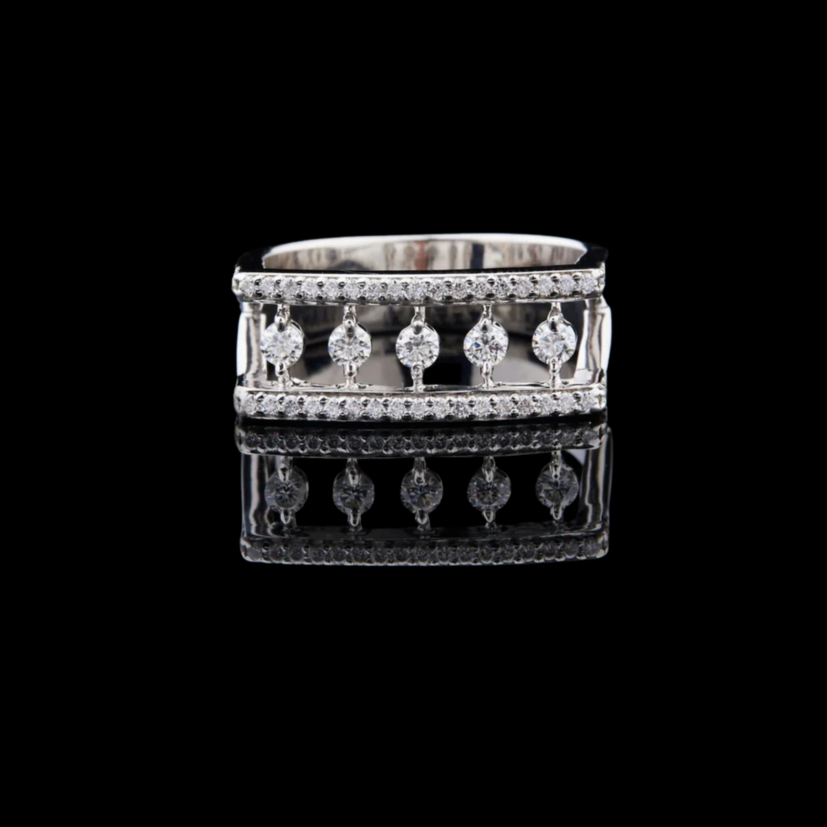round cut open frame floating lab diamond statement band ring