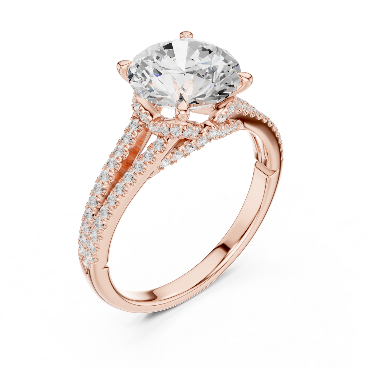 Round Cut Moissanite Diamond Split Shank Pave Setting Ring - View 3