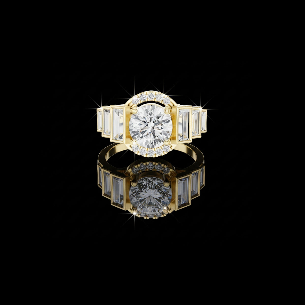 round halo lab diamond ring with tapered baguette side stones