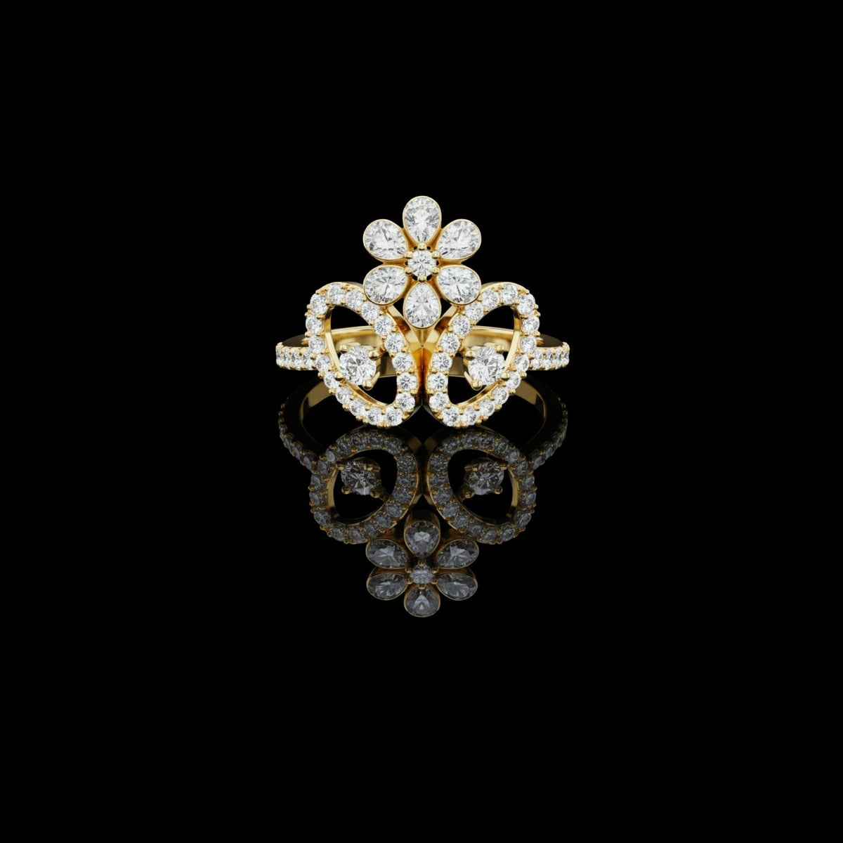 round cut floral halo moissanite diamond ring pear accent petals