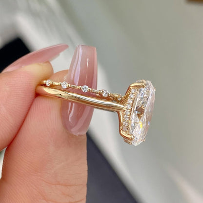 Hidden Halo Oval Moissanite Diamond Engagement Ring With Minimalist Band - View 2