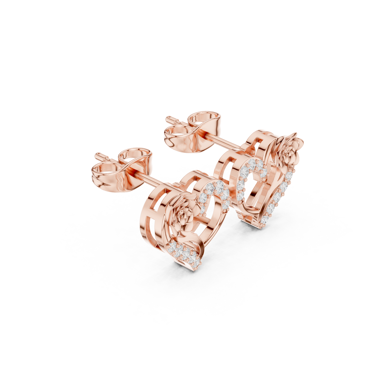 rose flower heart round brilliant cut moissanite diamond stud earrings floral openwork - view 3