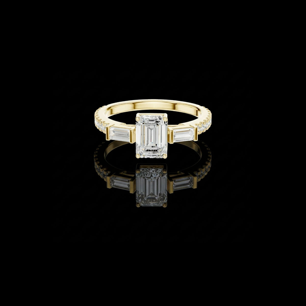 emerald with baguette three stone lab diamond engagement ring
