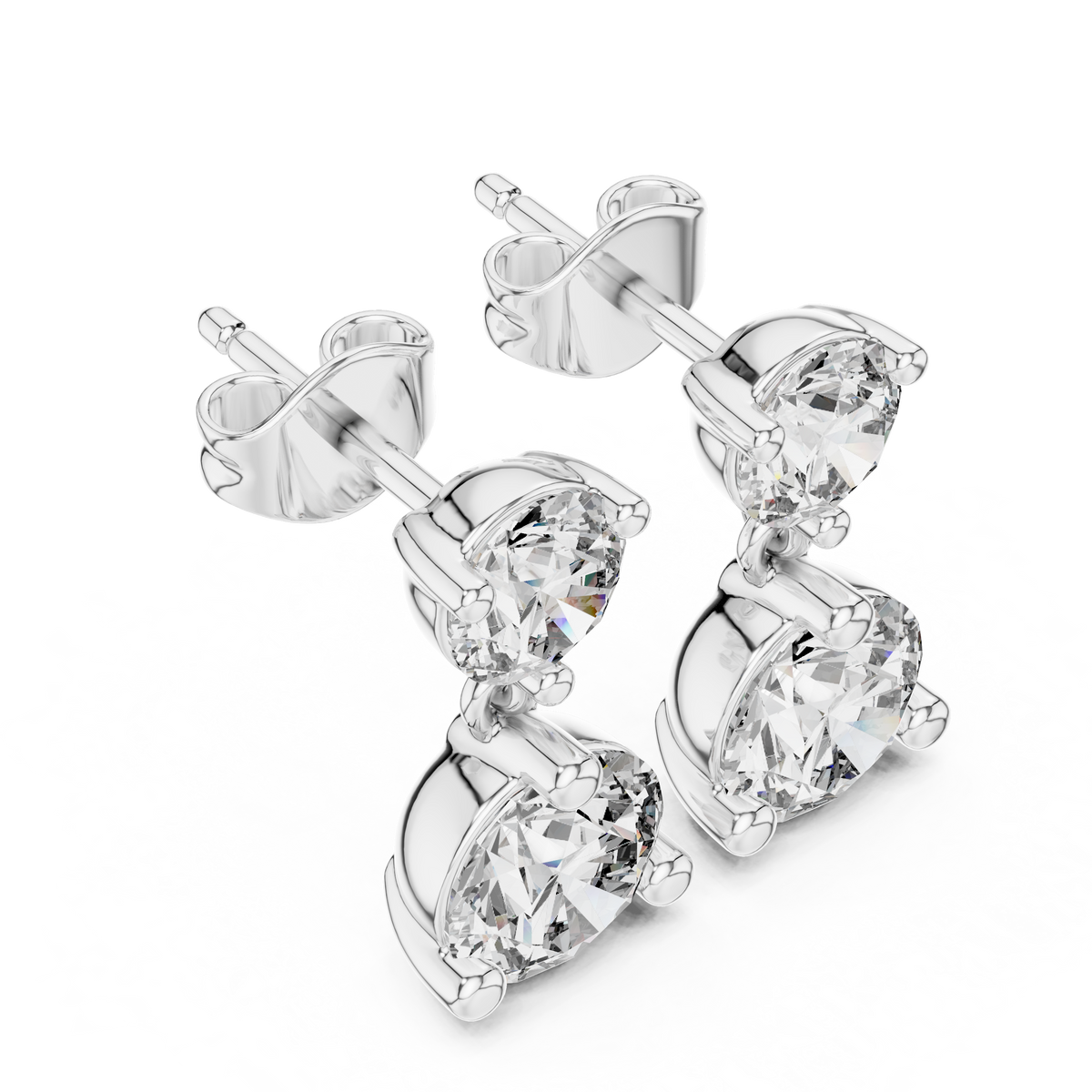 Dual Brilliance Round Moissanite Diamond Drop Earrings with Graduated Two Stone Design - View 4