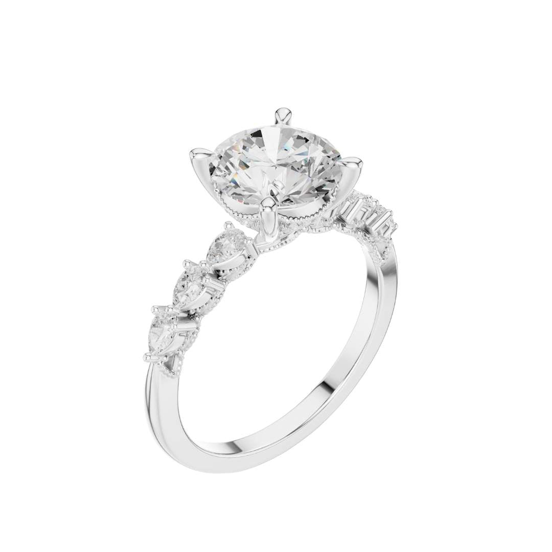 Round Cut Brilliant Moissanite Diamond Ring With Pear Accents Band - View 6