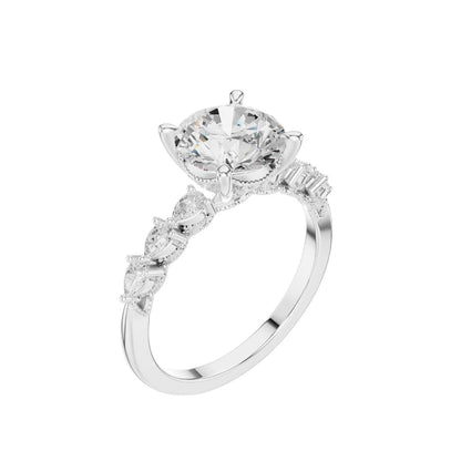 Round Cut Brilliant Moissanite Diamond Ring With Pear Accents Band - View 6