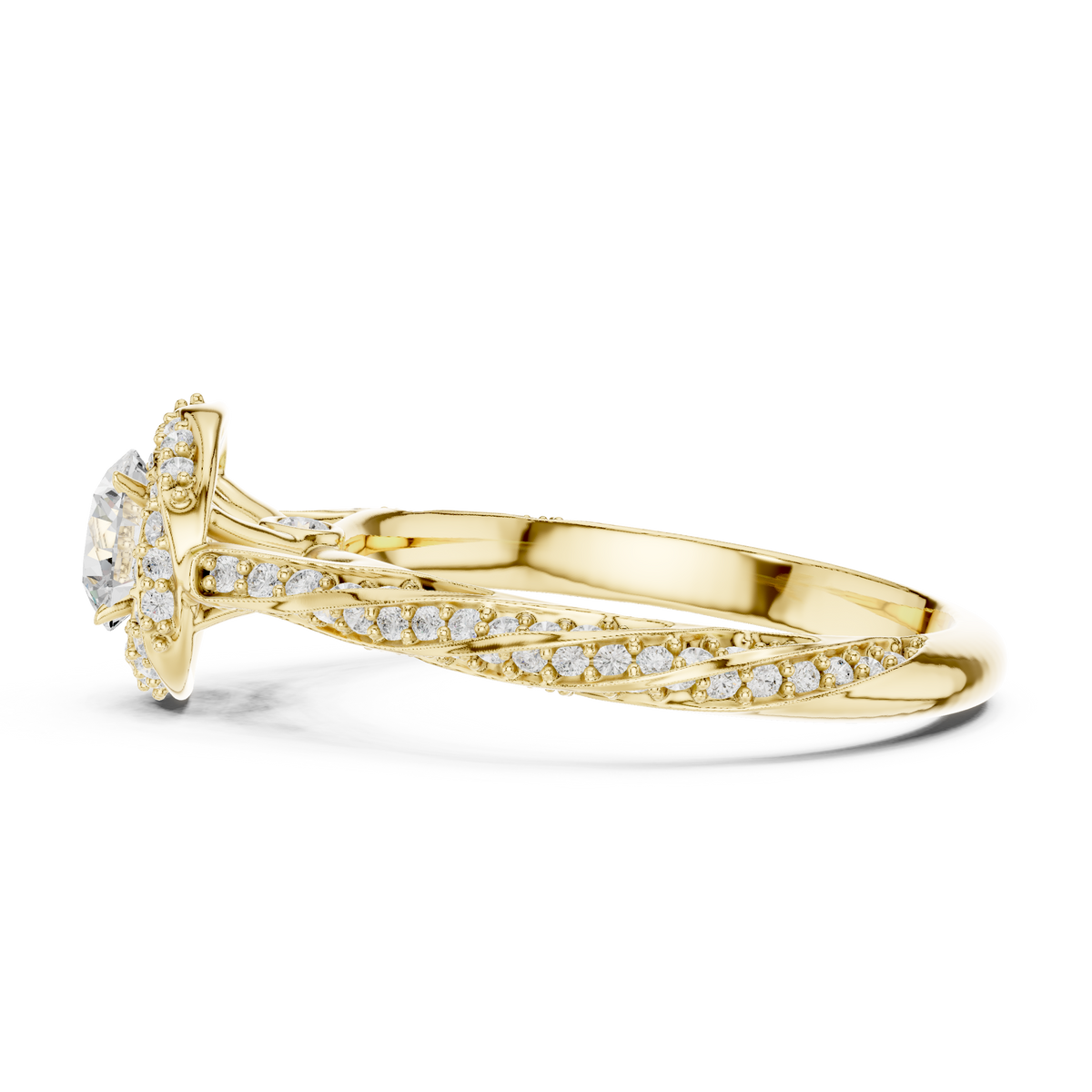 round cut lab diamond halo twisted split shank ring - view 8