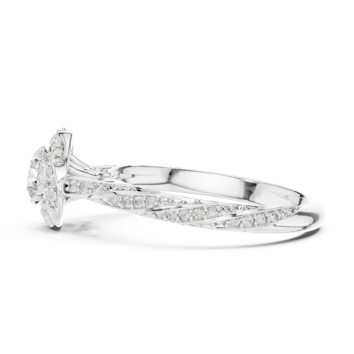 round cut lab diamond halo twisted split shank ring - view 10