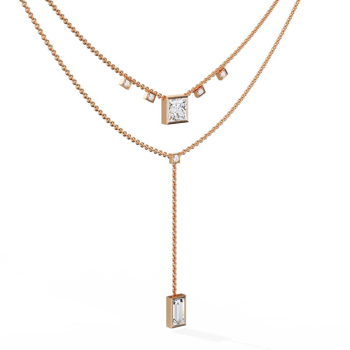 two layered princess and baguette lab grown diamond lariat necklace - view 3